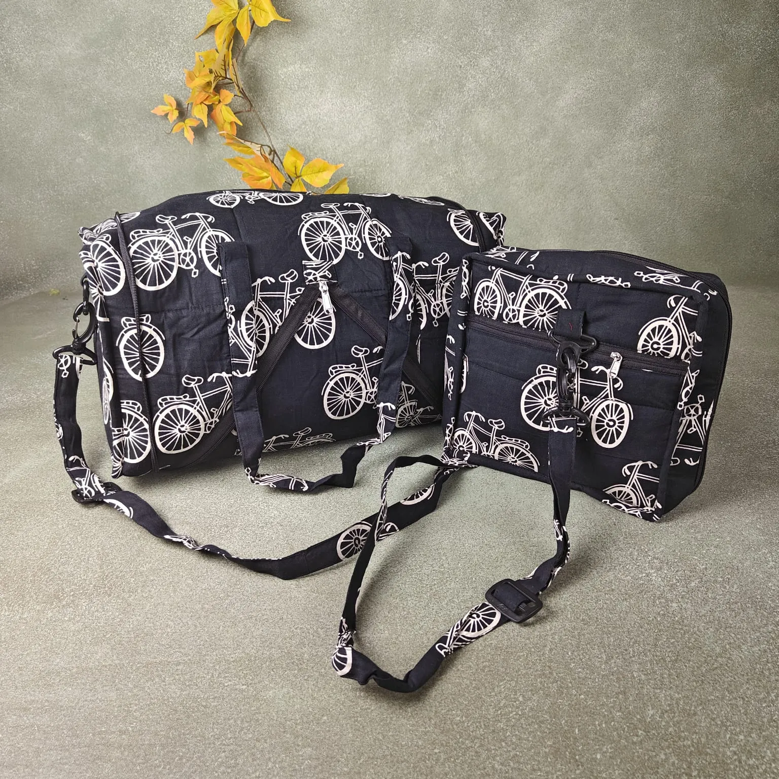 Expandable Travel Bag Black Colour with Bicycle Printed Design.