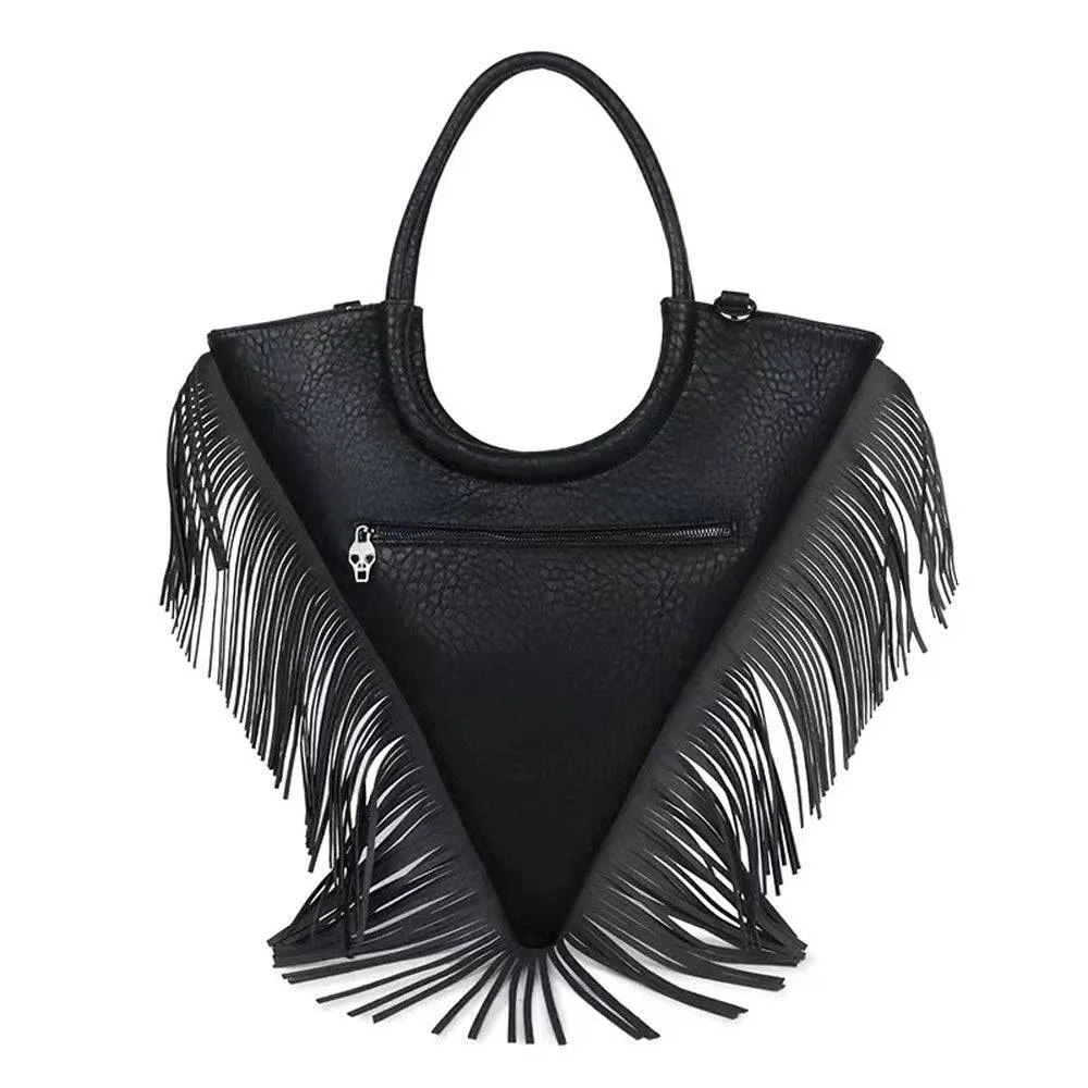 Fashion Punk Bags Women Skull Tote Bag Rivet Studded Trangle Bag Fringe Tote Bag Large