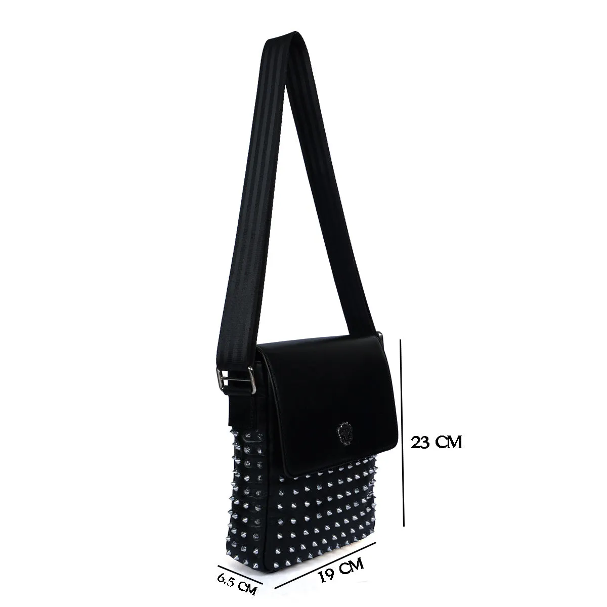 Flap Over Silver Studded Black Leather Crossbody Sling Bag