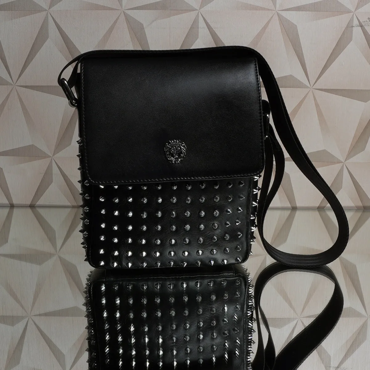 Flap Over Silver Studded Black Leather Crossbody Sling Bag