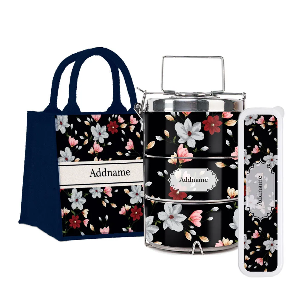 Flora Ixia Tiffin Carrier, Jute Tote Bag  & Cutlery Set [FREE Custom Add Name]