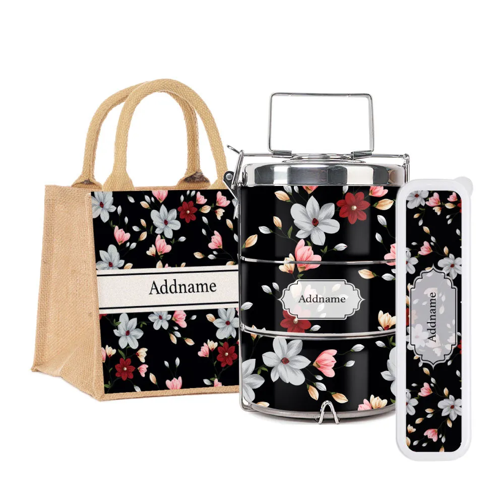 Flora Ixia Tiffin Carrier, Jute Tote Bag  & Cutlery Set [FREE Custom Add Name]