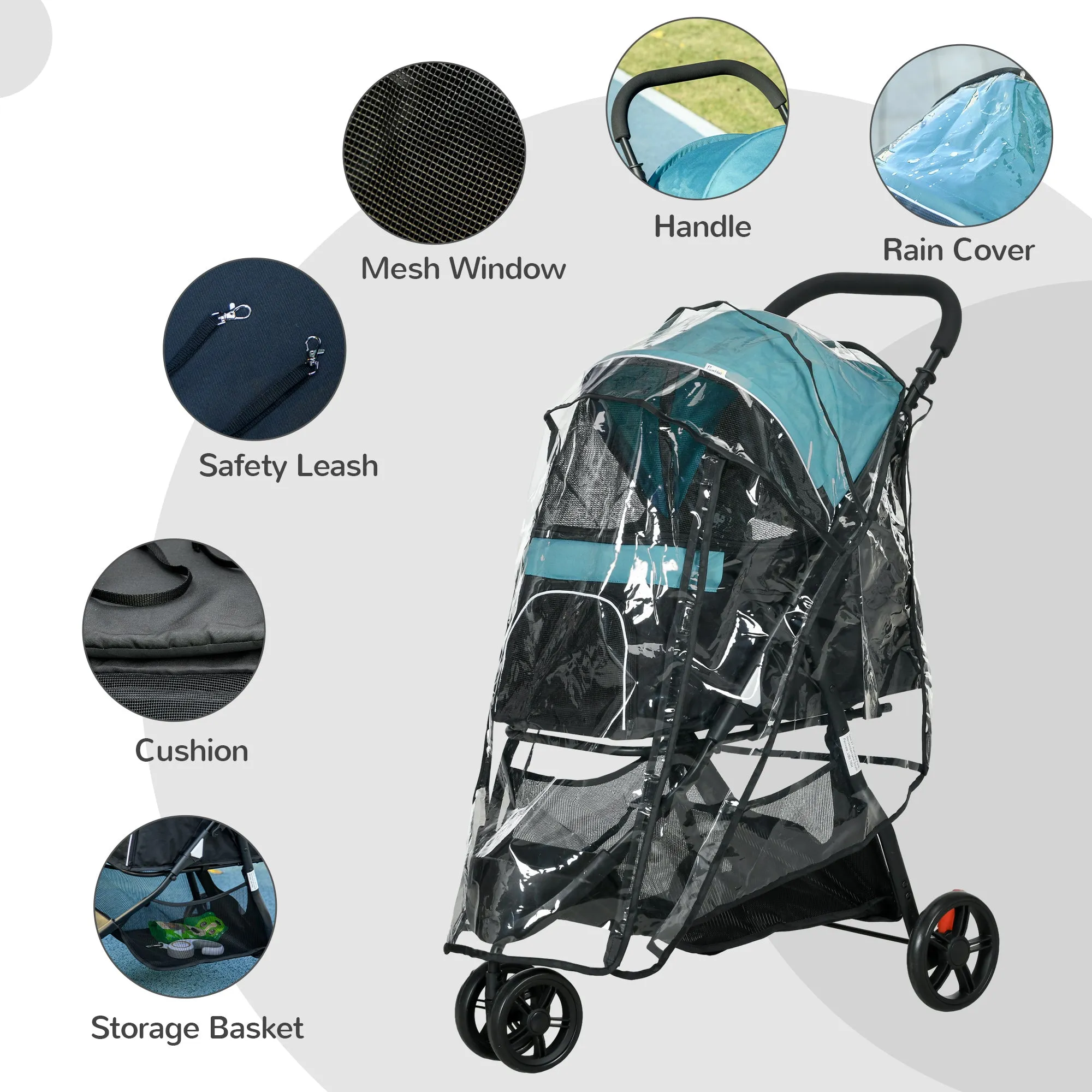 Foldable Pet Stroller with Rain Cover for XS and S-Sized Dogs Green