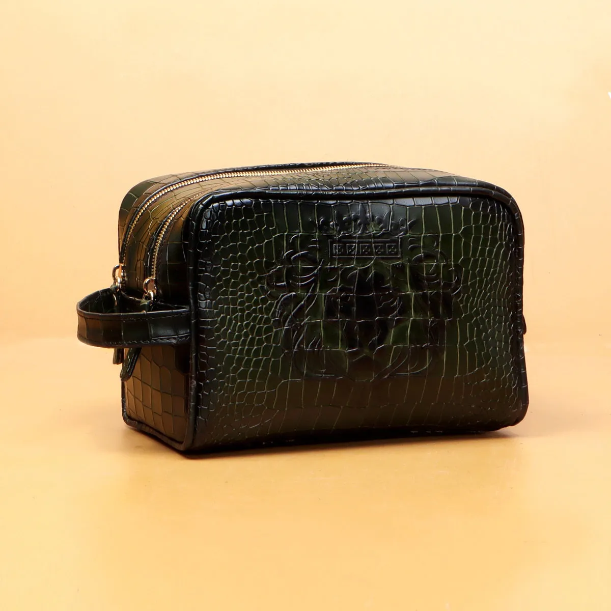 Green Deep Cut Leather Toiletry / Travel Bag