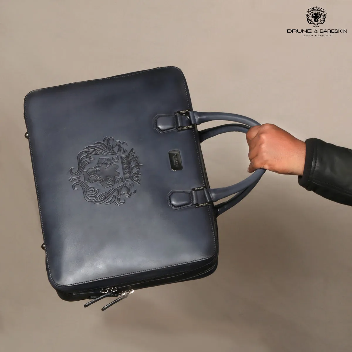 Grey Leather Embossed Lion Laptop Briefcase with Organizer Compartment by Brune & Bareskin