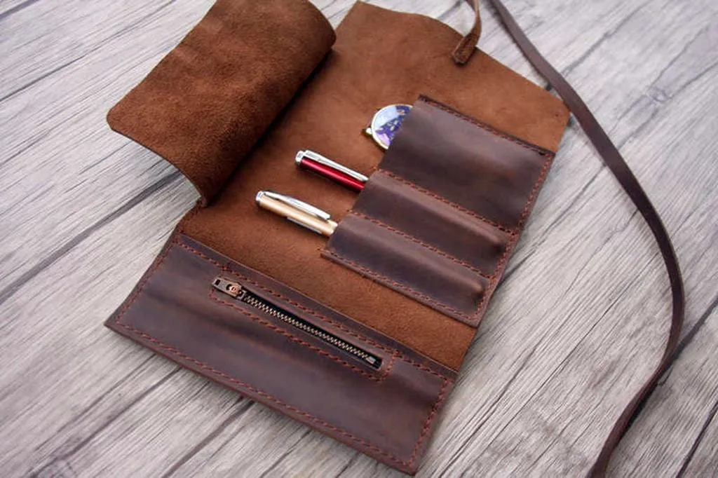 Handcrafted Leather Pen Pencil Holder Sleeve Case