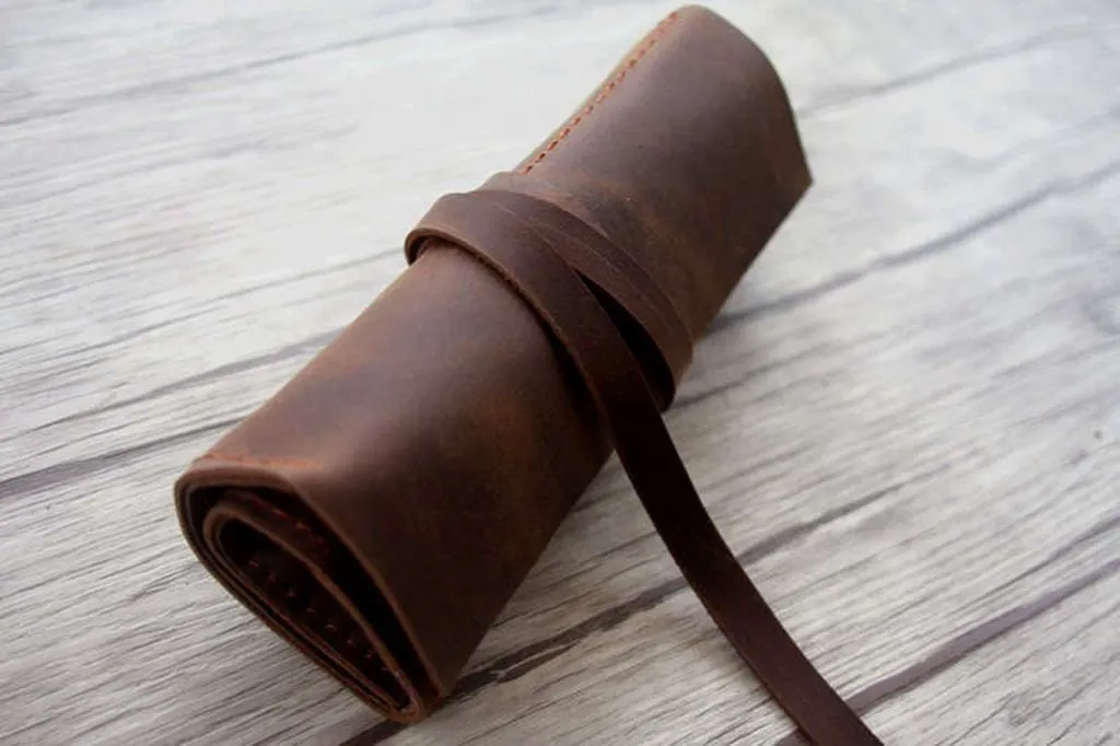 Handcrafted Leather Pen Pencil Holder Sleeve Case