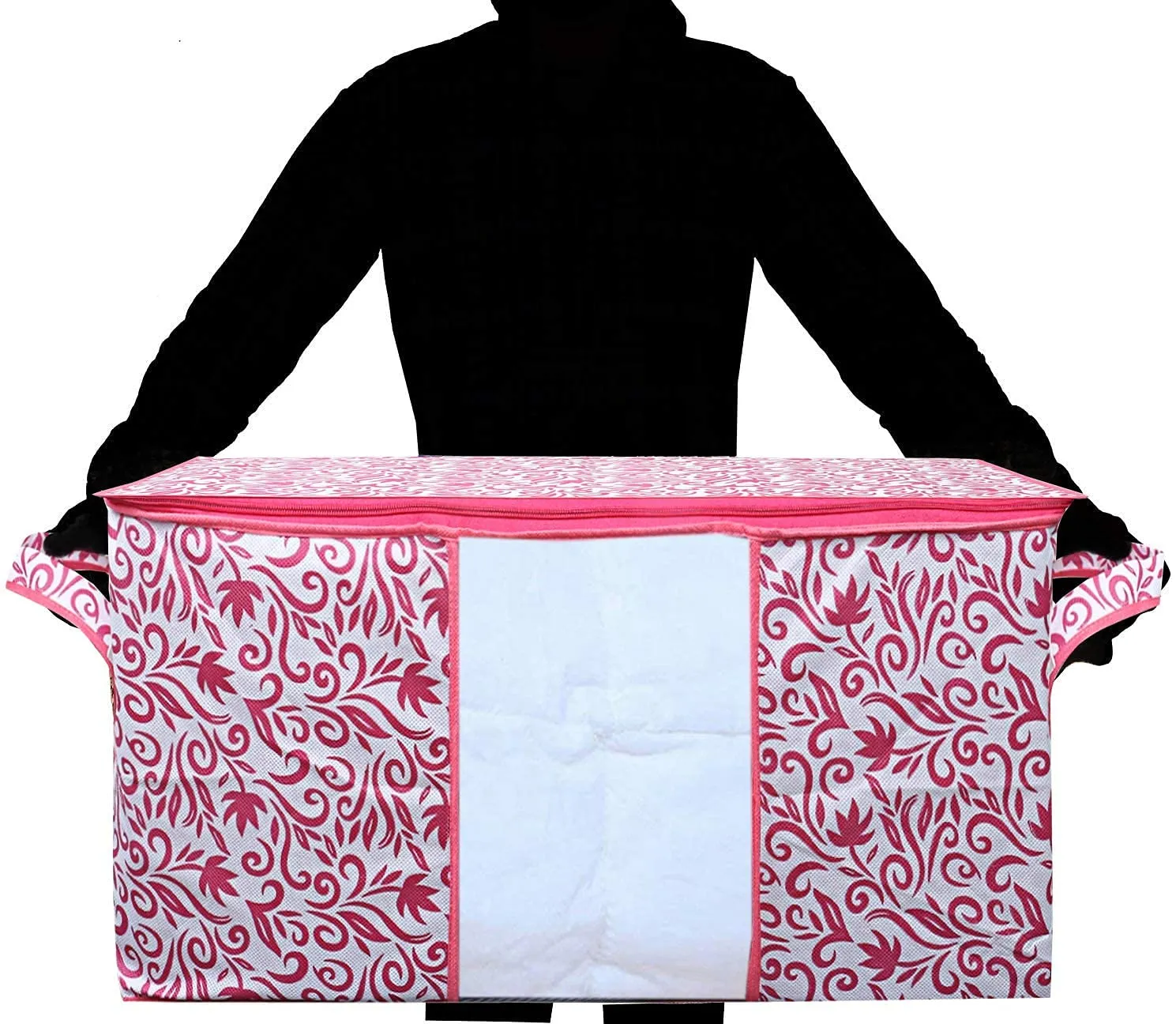 Heart Home Leaf Design Non Woven Underbed Storage Bag, Storage Organiser, Blanket Cover (Pink) - CTHH12775