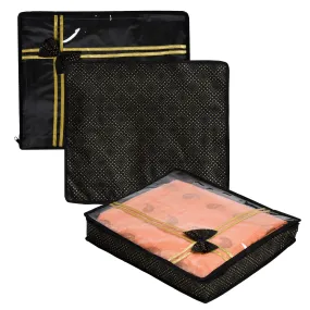 Heart Home Saree Storage Bag | Clothes Storage Bag | Wardrobe Storage Bag | Cloth Storage Organizer | Top Visible Window Saree Bag | Bow Golden Dot-Print | 3 Inch | Pack of 3 | Black