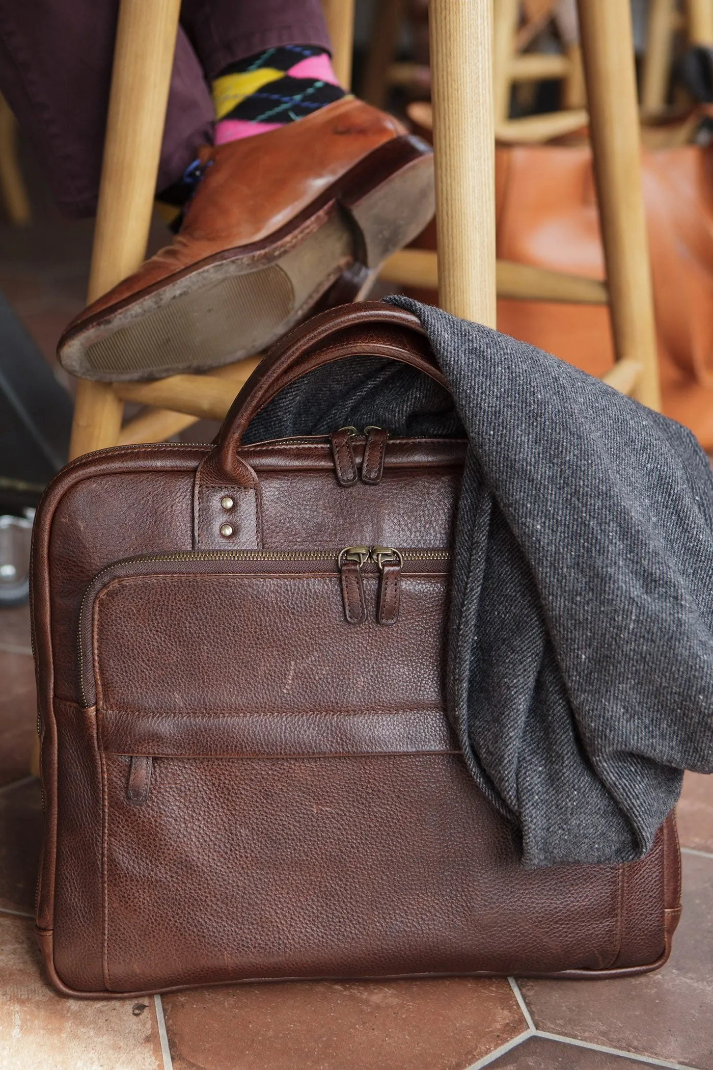 Jay Modern Briefcase in Titan Milled Brown by Moore & Giles