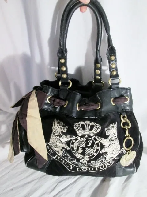 JUICY COUTURE Leather Velvet Heart DOG purse satchel BROWN M RHINESTONE Embroidered