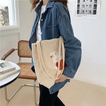 Kawaii FuFu Rabbit Corduroy Tote Bag - Kawaii Bag