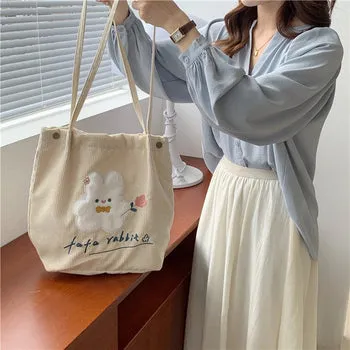 Kawaii FuFu Rabbit Corduroy Tote Bag - Kawaii Bag