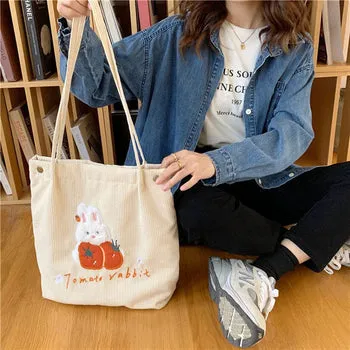 Kawaii FuFu Rabbit Corduroy Tote Bag - Kawaii Bag