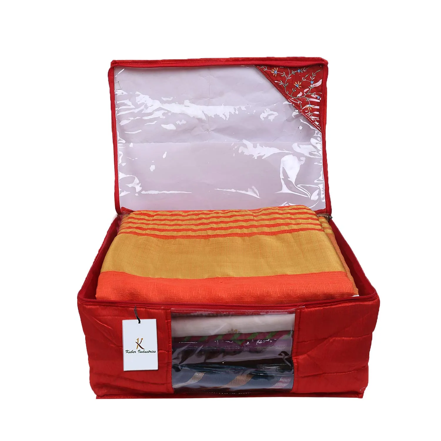 Kuber Industries 3 Layered Quilted Silk 4 Pieces Saree Cover (Red) -CTLTC10625