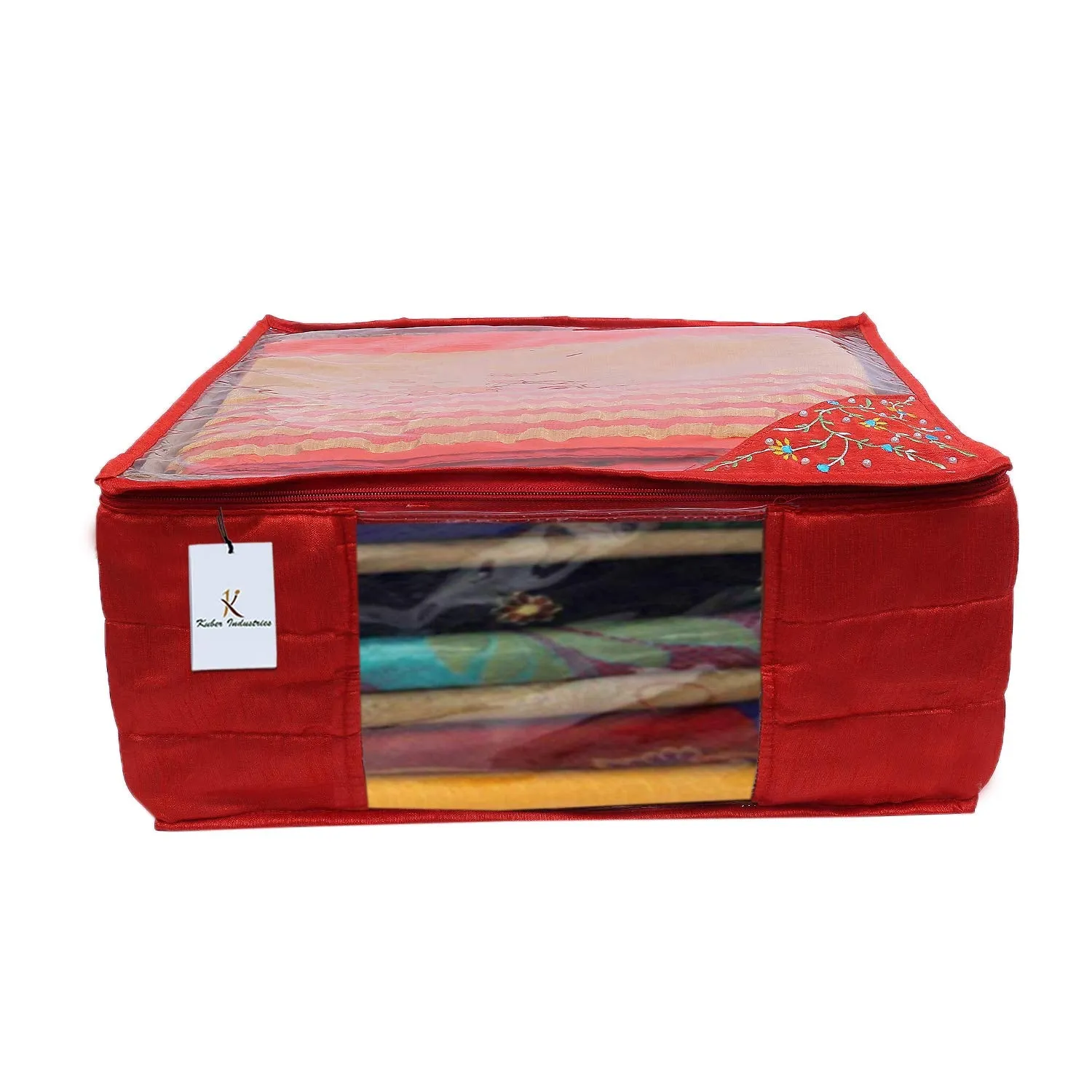 Kuber Industries 3 Layered Quilted Silk 4 Pieces Saree Cover (Red) -CTLTC10625