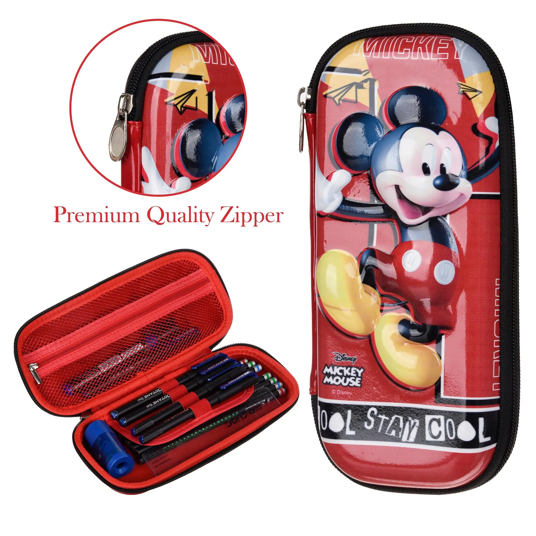 Kuber Industries Disney Mickey Pencil Pouch | School Pencil Case for Kids | Pen-Pencil Box for Kids | Geometry Box | Compass Box | School Stationery Supplies | Pack of 3 | Red