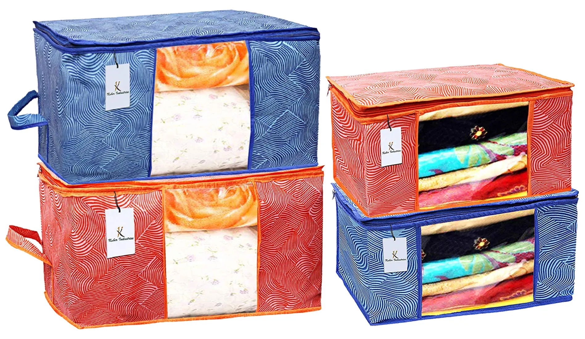 Kuber Industries Leheriya Printed 2 Piece Non Woven Saree Cover and 2 Pieces Underbed Storage Bag, Storage Organiser, Blanket Cover, Orange & Blue -CTKTC42398