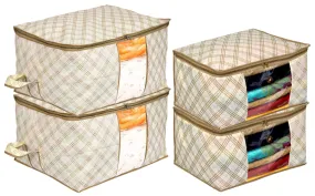 Kuber Industries Metalic Checkered Print 2 Piece Non Woven Saree Cover And 2 Pieces Underbed Storage Bag, Storage Organiser, Blanket Cover (Set of 4,Ivory)-KUBMART16670