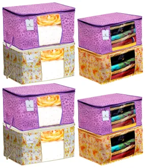 Kuber Industries Metalic Printed 4 Piece Non Woven Saree Cover and 4 Pieces Underbed Storage Bag, Storage Organiser, Blanket Cover, Pink Purple & Ivory Red -CTKTC42432