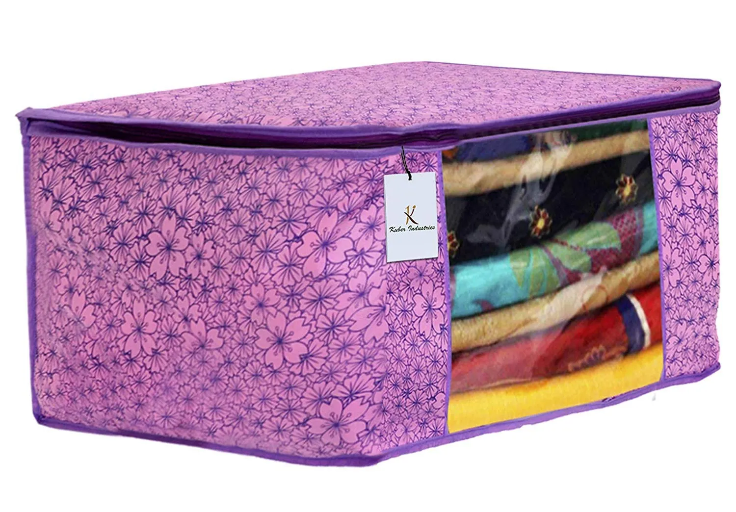 Kuber Industries Metalic Printed 4 Piece Non Woven Saree Cover and 4 Pieces Underbed Storage Bag, Storage Organiser, Blanket Cover, Pink Purple & Ivory Red -CTKTC42432