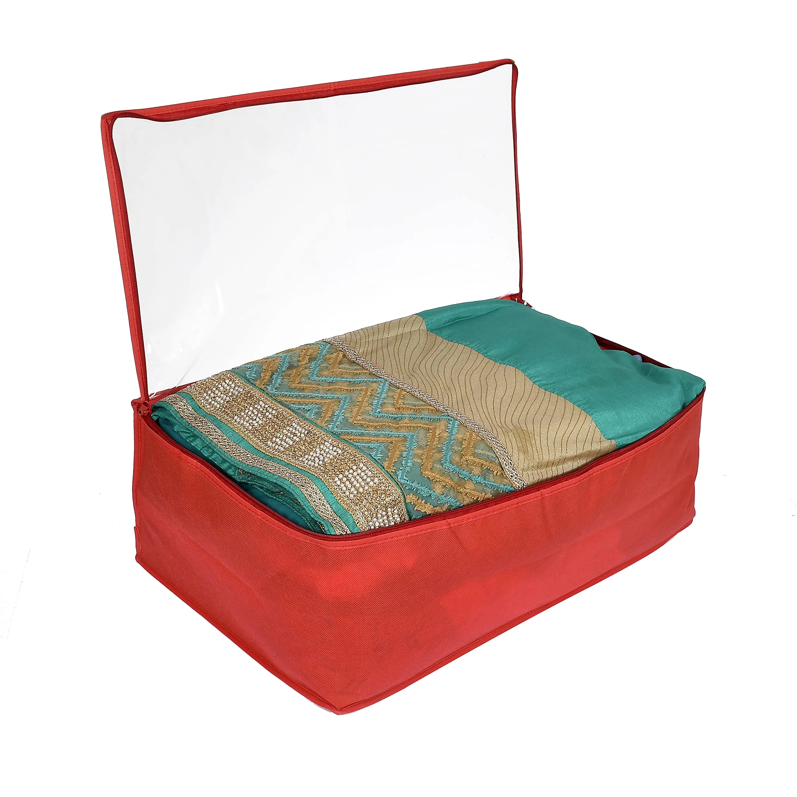 Kuber Industries Non Woven 9 Inch Height Transparent GHagra, Saree, Lahenga Cover And Wardrobe Organizers, Storage Bag for Clothes-Pack of 3 (Red) (HS_37_KUBMART020401)