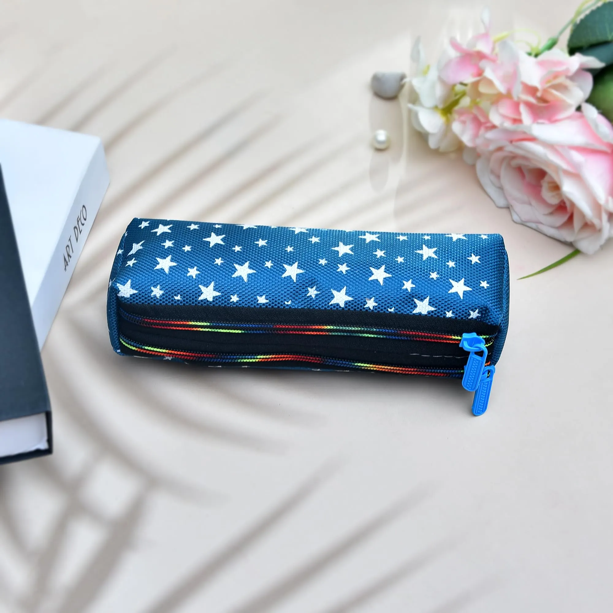 Kuber Industries Pencil Pouch | Rexine Stationary Pouch | Pencil Utility Pouch | School Pencil Case for Kids | 2 Zipper Pencil Organizer | Star Pencil Pouch | Pack of 2 | Blue