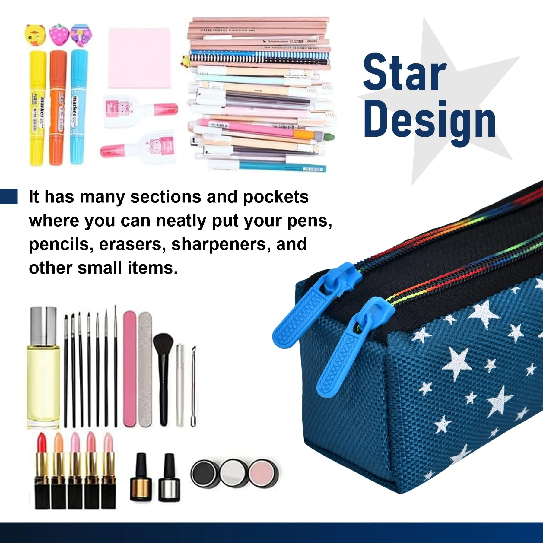 Kuber Industries Pencil Pouch | Rexine Stationary Pouch | Pencil Utility Pouch | School Pencil Case for Kids | 2 Zipper Pencil Organizer | Star Pencil Pouch | Pack of 2 | Blue