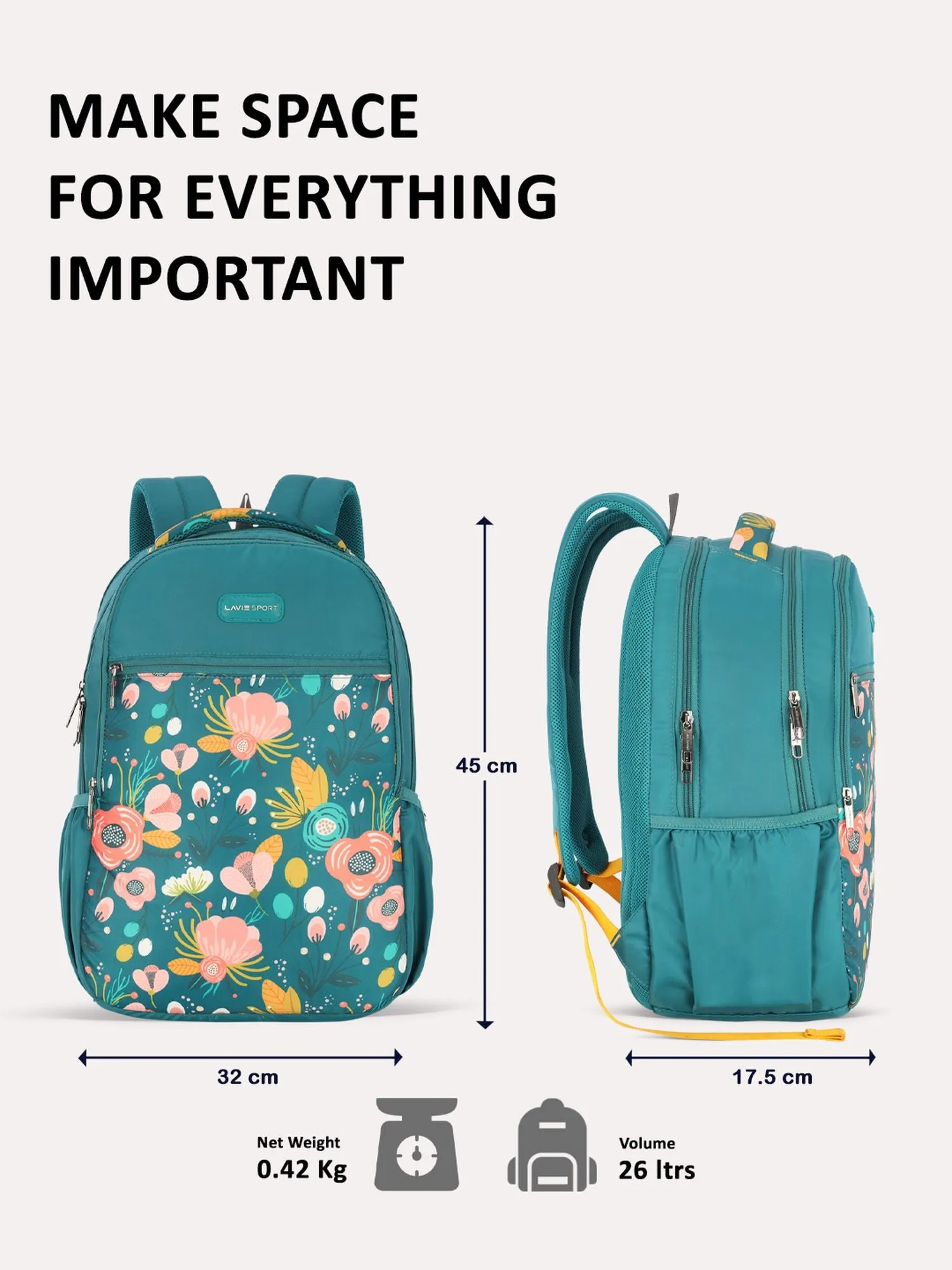 Lavie Sport Spring 26L Floral Printed School Backpack for Girls Teal