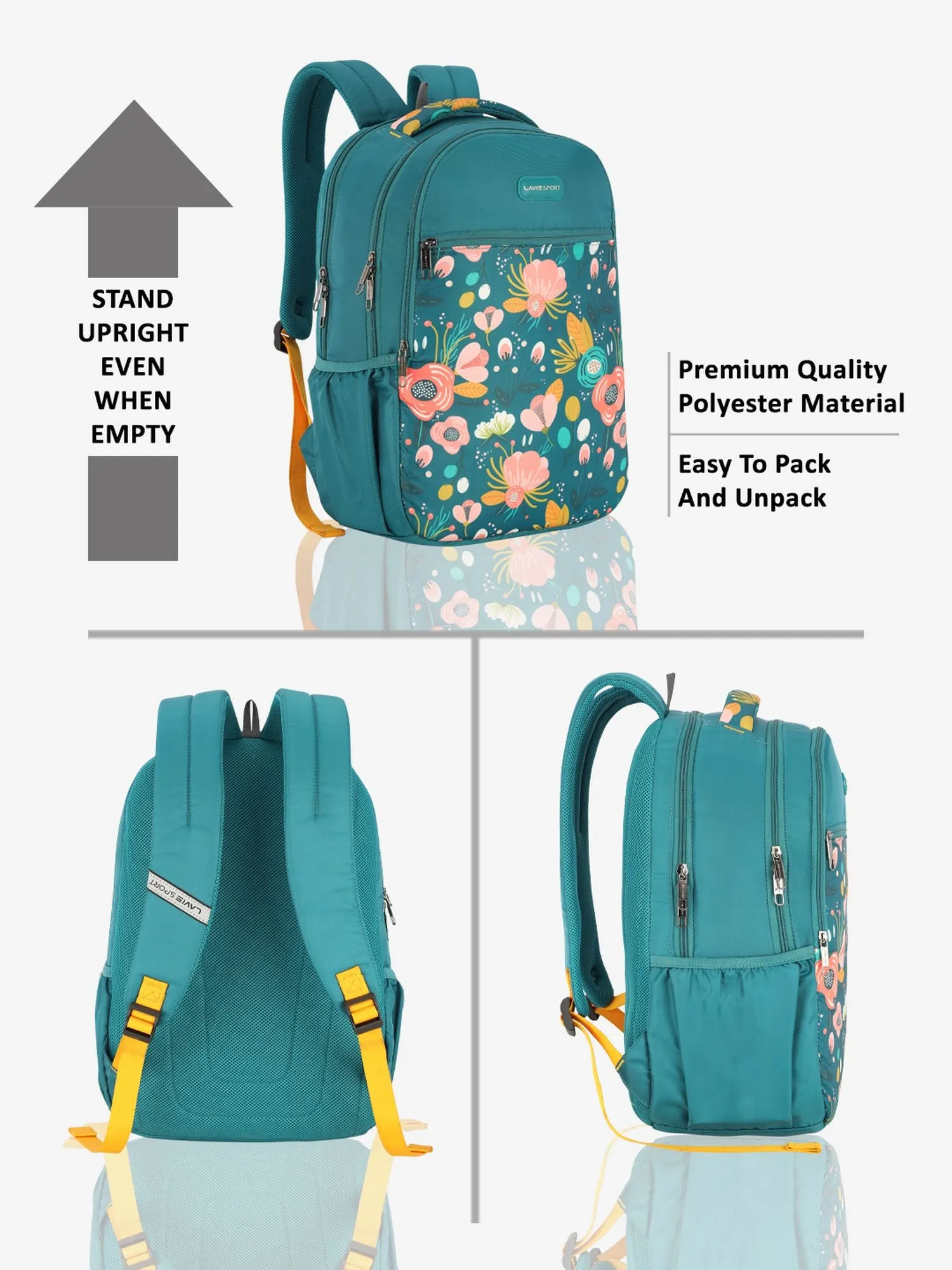 Lavie Sport Spring 26L Floral Printed School Backpack for Girls Teal