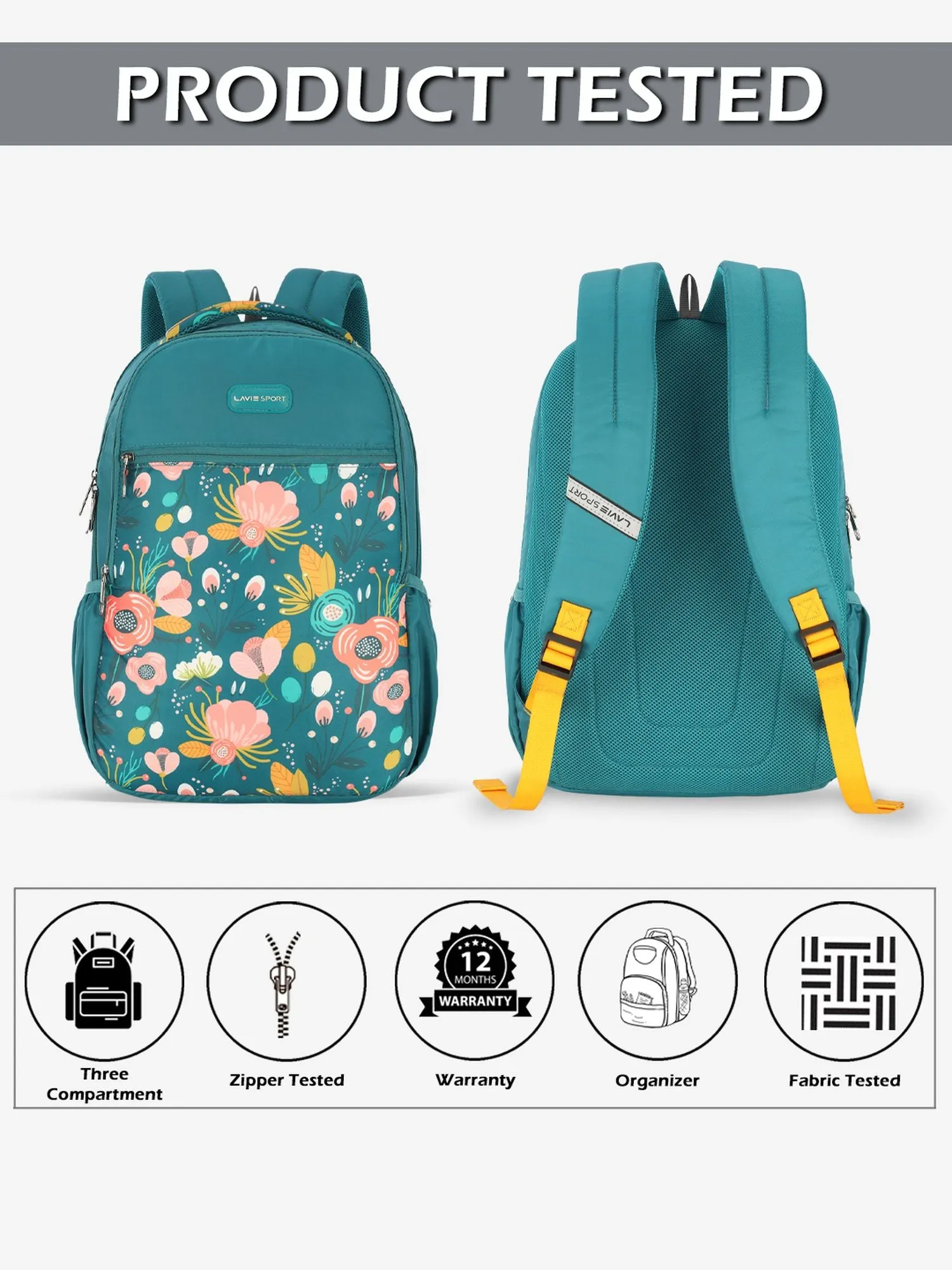 Lavie Sport Spring 26L Floral Printed School Backpack for Girls Teal