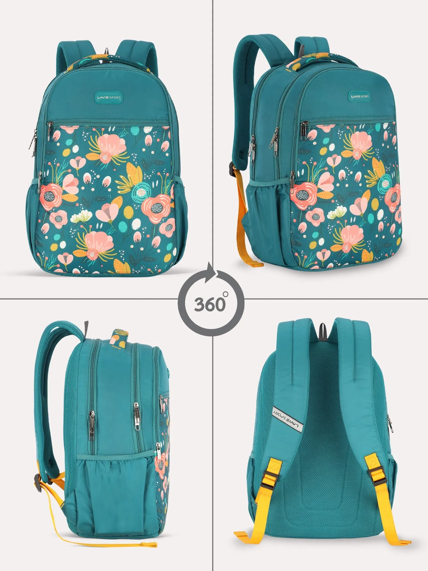 Lavie Sport Spring 26L Floral Printed School Backpack for Girls Teal