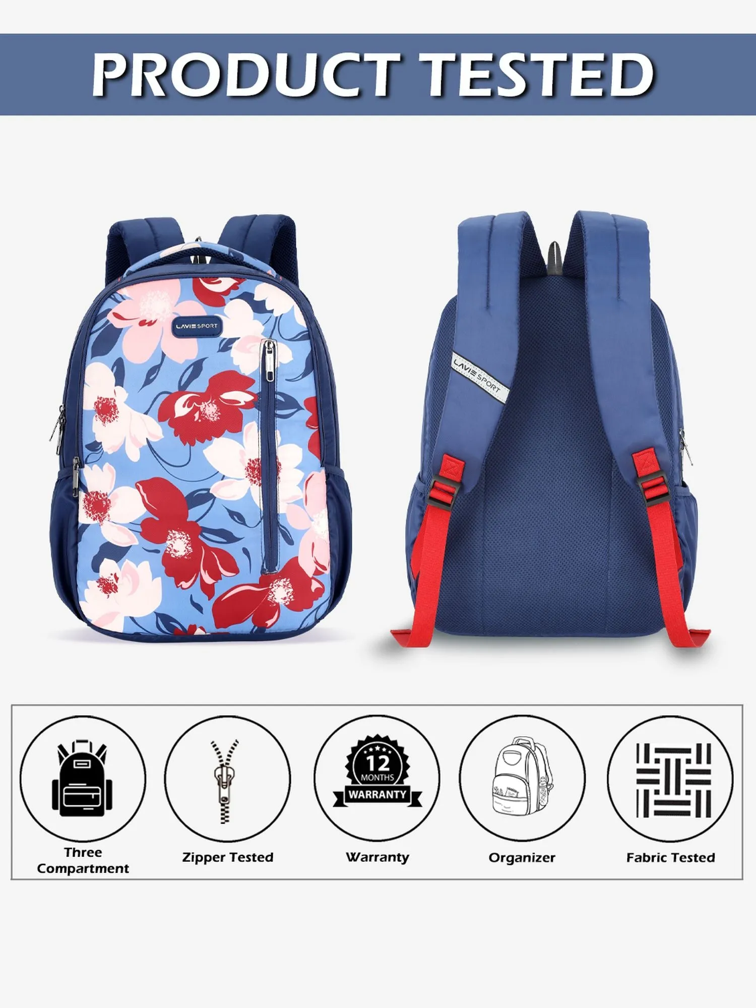 Lavie Sport Tahiti 26L Floral Printed School Backpack for Girls Navy