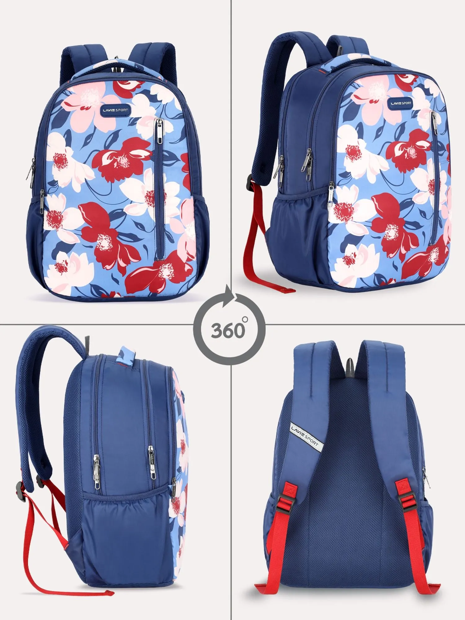 Lavie Sport Tahiti 26L Floral Printed School Backpack for Girls Navy