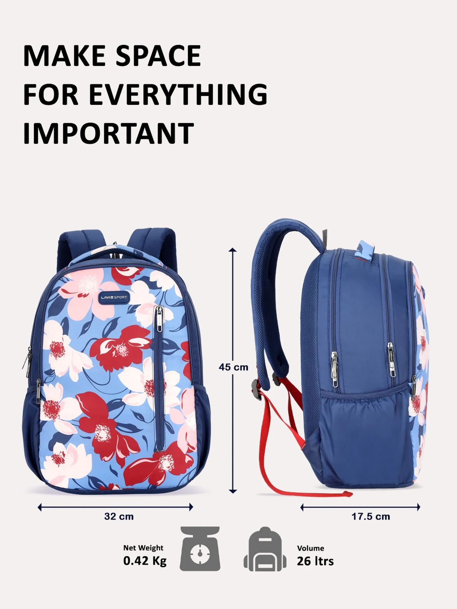 Lavie Sport Tahiti 26L Floral Printed School Backpack for Girls Navy