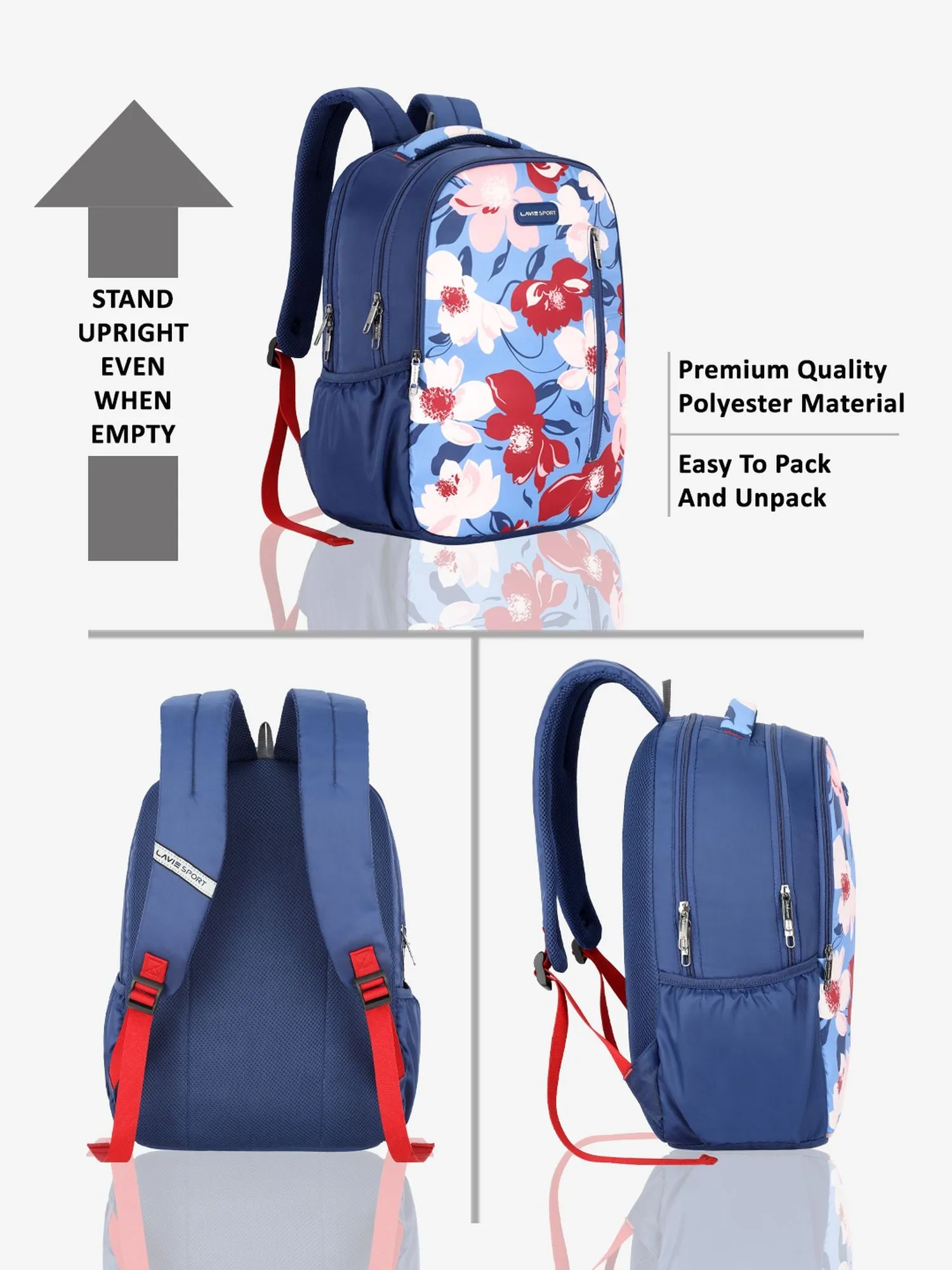 Lavie Sport Tahiti 26L Floral Printed School Backpack for Girls Navy