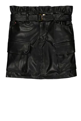 Little Girls Faux Leather Belted Paper Bag Waist Cargo Skirt