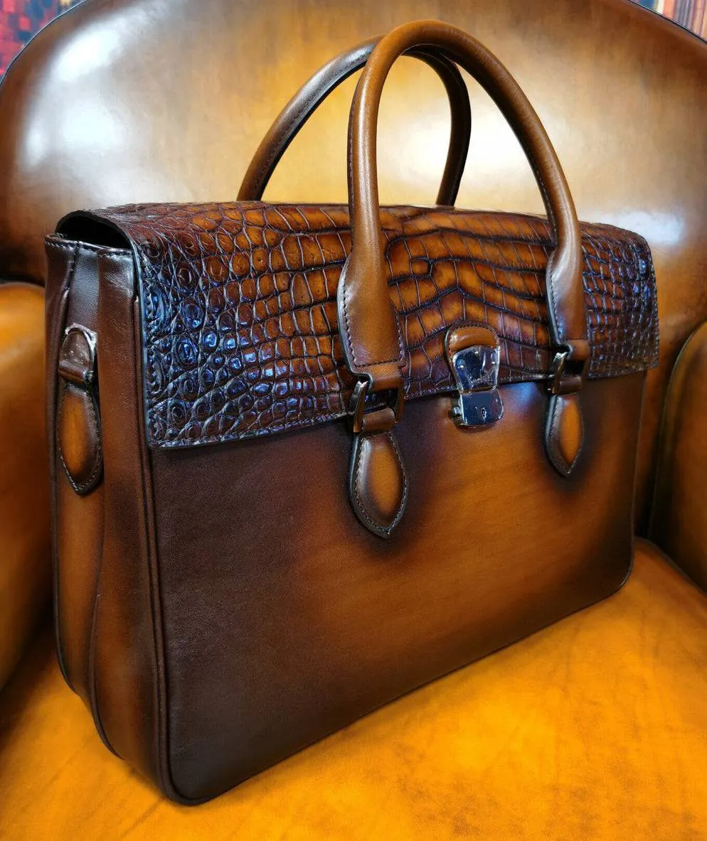 Men's Vintage Leather Briefcase Matched With Crocodile Skin Leather Flap