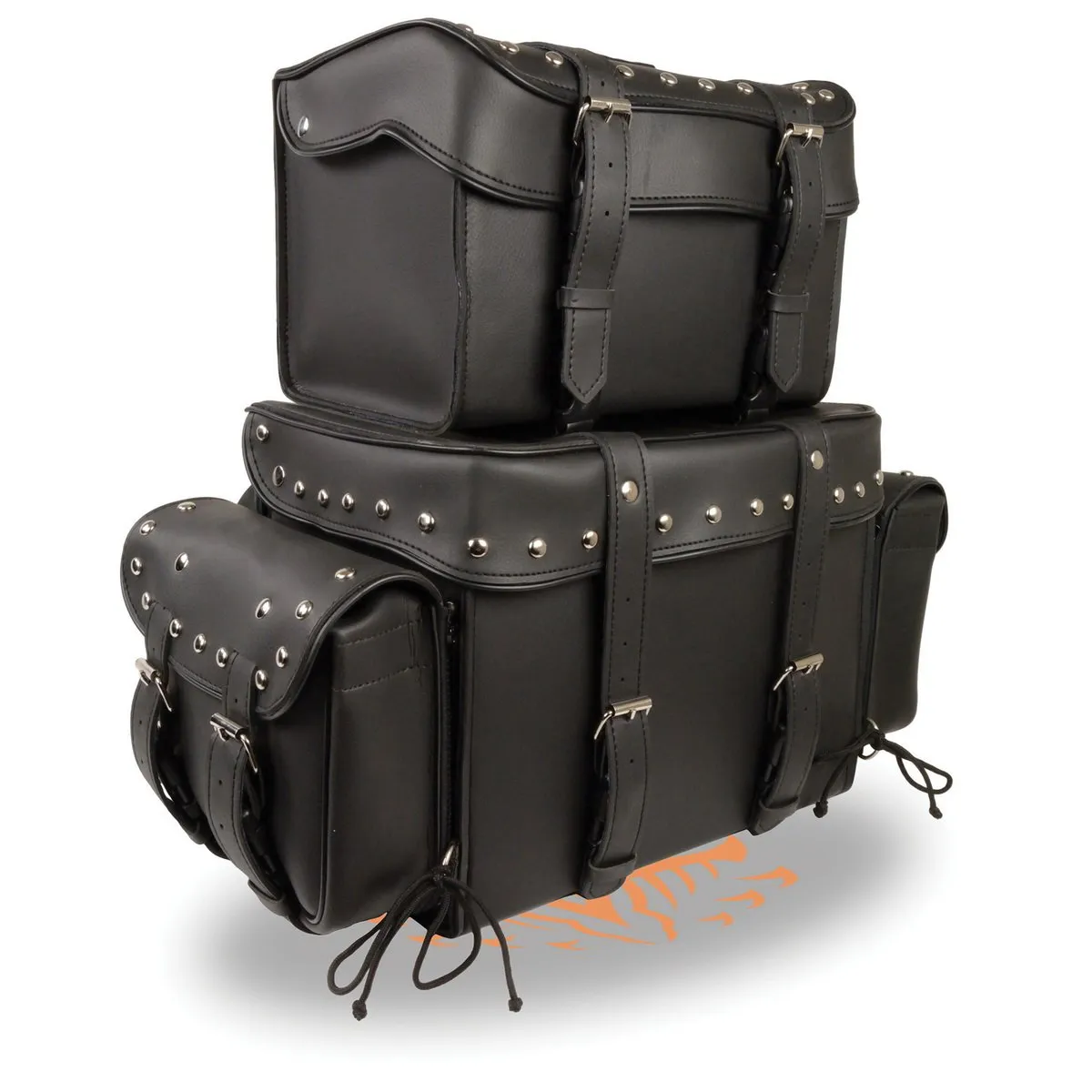 Milwaukee Leather SH650 Large Black PVC 4-Piece Studded Motorcycle Touring Pack with Barrel Bag