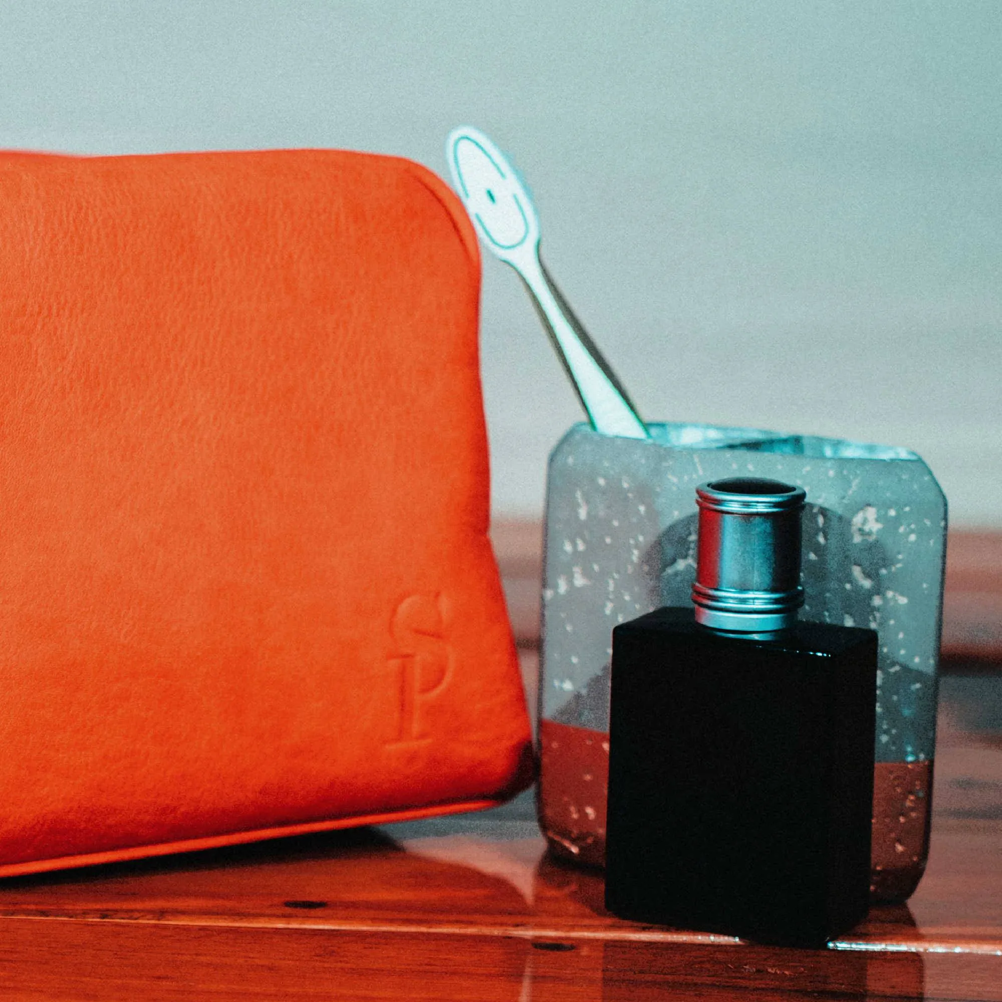 Orange Tumbled Leather Toiletry Bag