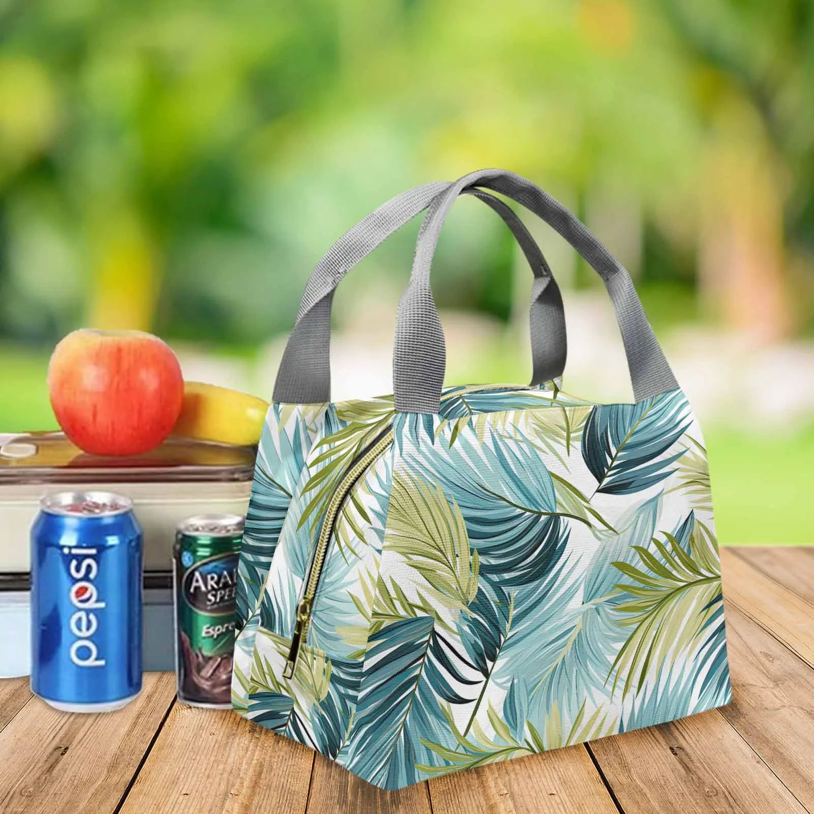 Palm Leaves Blue Green  Portable Lunch Bag-Grey Handle