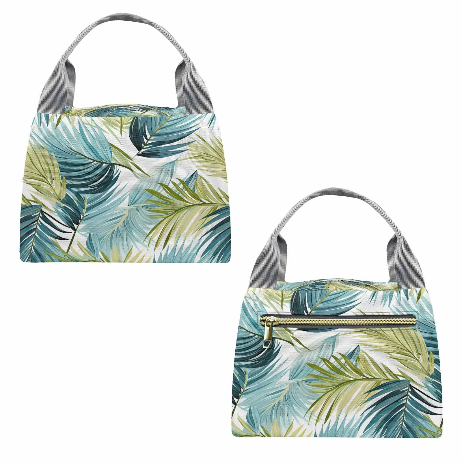 Palm Leaves Blue Green  Portable Lunch Bag-Grey Handle