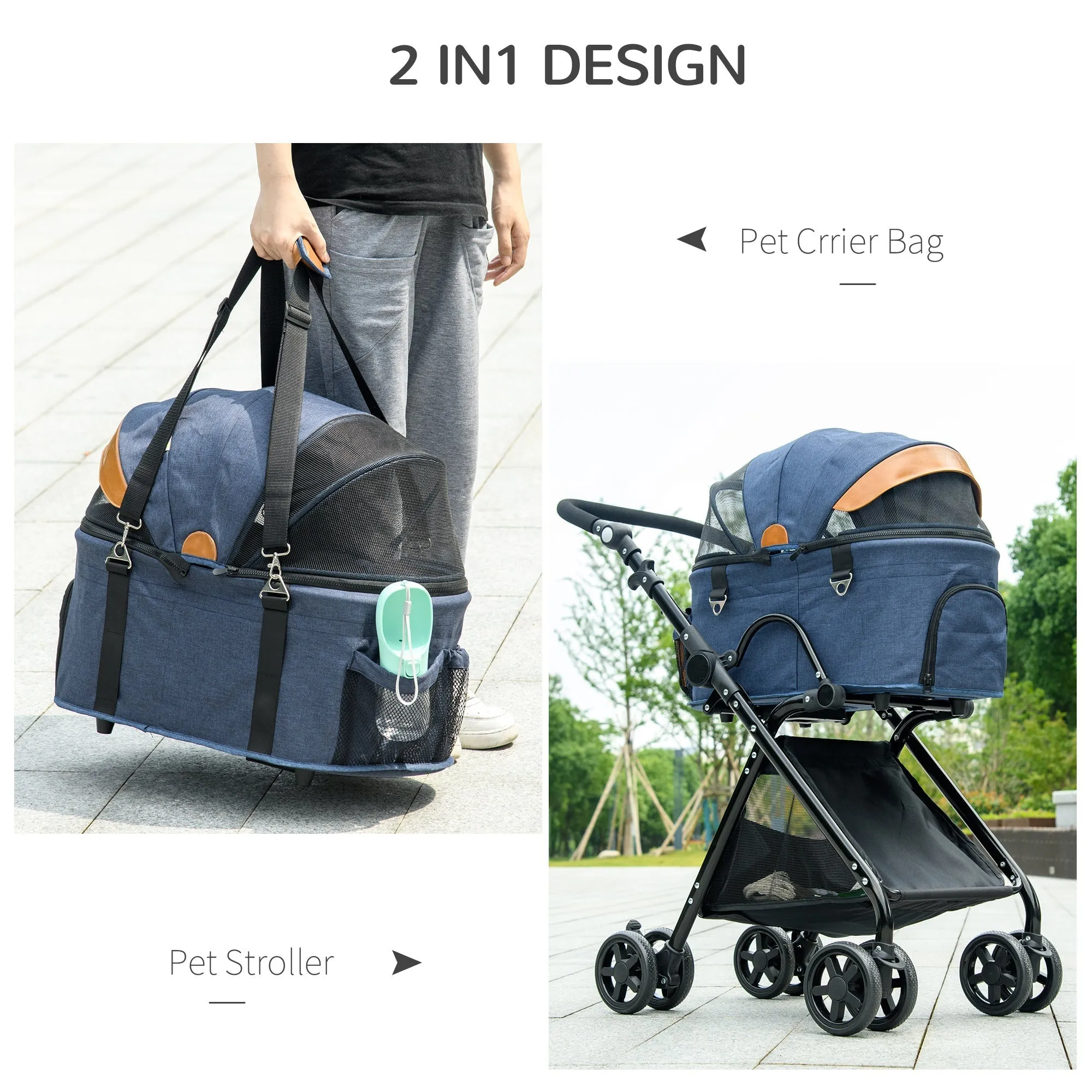 PawHut Luxury Folding Pet Stroller Removable Carrier Adjustable Canopy 4 Wheels Storage Bag Mesh Windows Brake for Small Miniature Dog Cat Blue