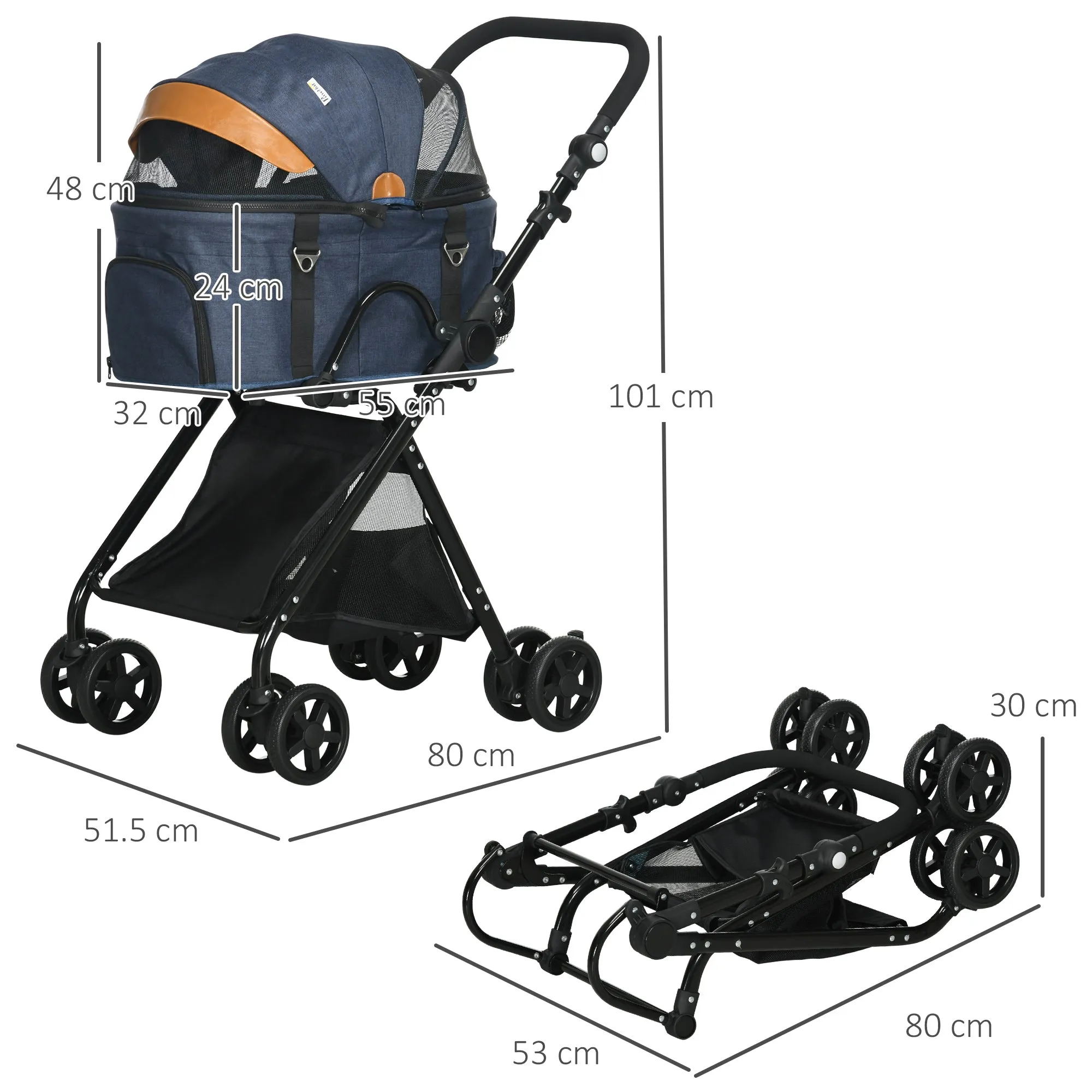 PawHut Luxury Folding Pet Stroller Removable Carrier Adjustable Canopy 4 Wheels Storage Bag Mesh Windows Brake for Small Miniature Dog Cat Blue