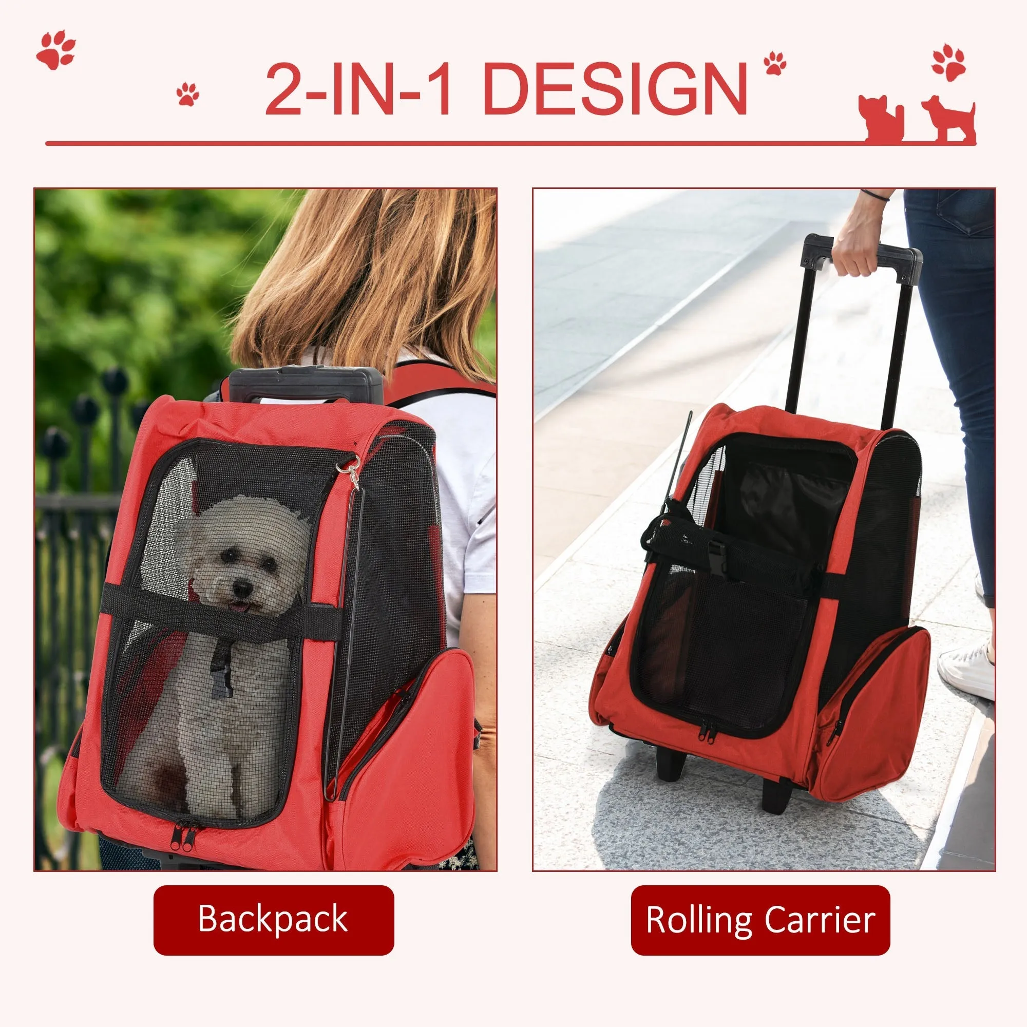 PawHut Pet Travel Backpack Bag Cat Puppy Dog Carrier w/ Trolley and Telescopic Handle Portable Stroller Wheel Luggage Bag (Red)