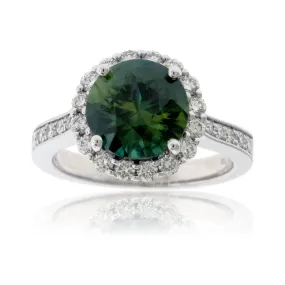 Peacock Blue-Green Sapphire & Diamond Halo Ring