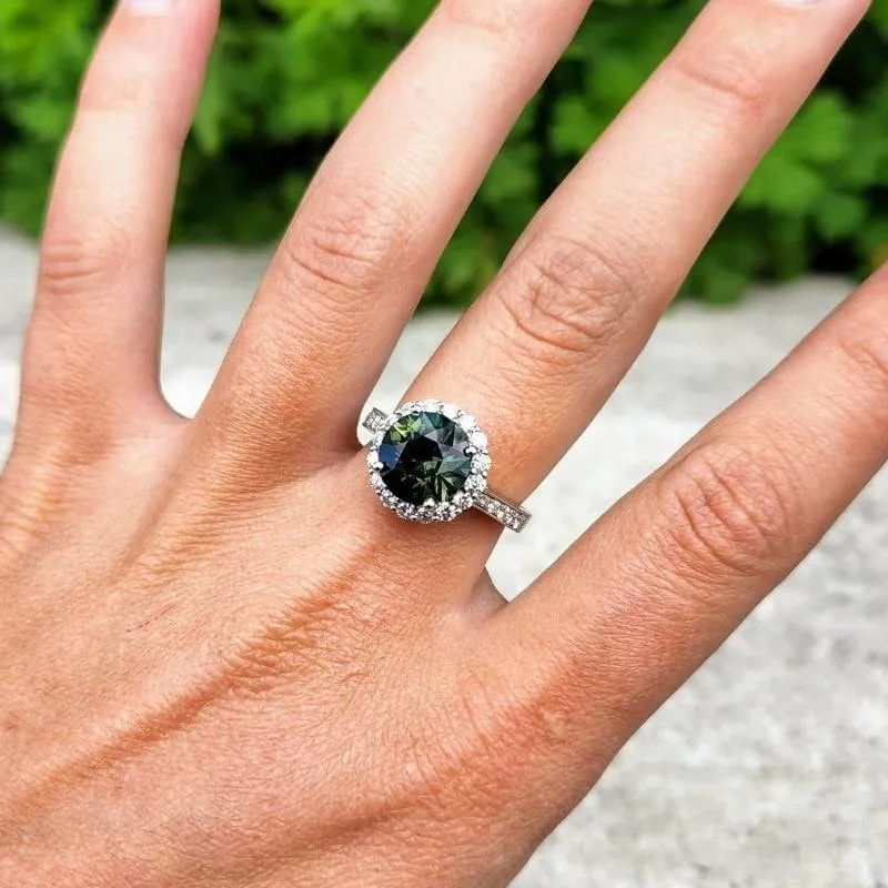 Peacock Blue-Green Sapphire & Diamond Halo Ring