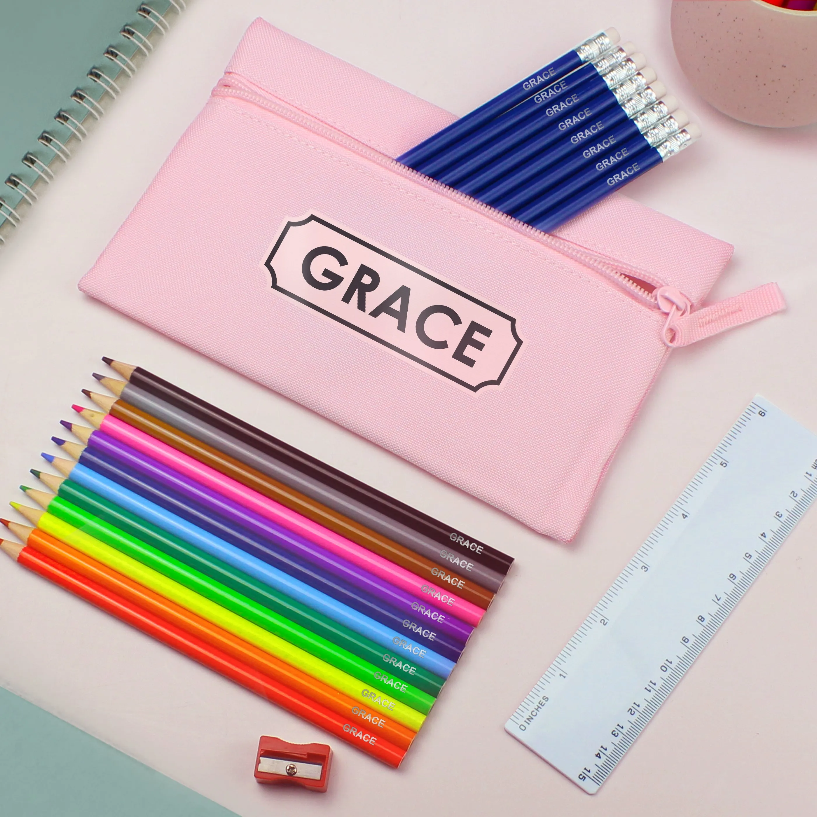 Pink Pencil Case with Personalised Pencils