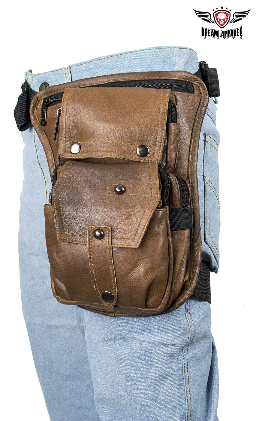 Premier Brown Leather Multi Pocket Thigh Bags with Gun Pocket