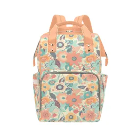 Retro Floral Diaper Bag Backpack, Pink Pastel Flowers Groovy 70s Baby Girl Waterproof Insulated Pockets Mom Designer Men Women Multipurpose